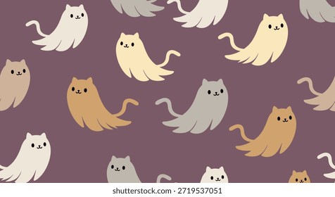 Padrão contínuo com adoráveis fantasmas de gato com bigodes e caudas longas flutuando em um fundo roxo escuro.