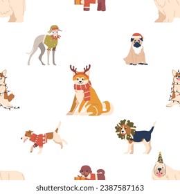 Seamless Pattern Featuring Adorable Christmas Pet Dogs, Wearing Festive Hats Holiday Decorations, And Clothes