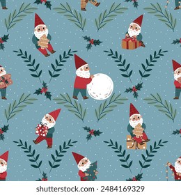 Seamless pattern featuring adorable Christmas gnomes in vector format. Suitable for fabric printing, wrapping paper, and card designs, ideal for enhancing holiday and seasonal projects with a festive 