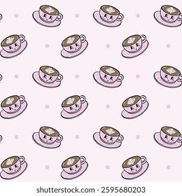A seamless pattern featuring adorable coffee cups with latte art on a soft pastel background, perfect for coffee lovers, wallpapers, and designs, Vector Illustration
