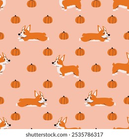 Seamless pattern featuring an adorable corgi dog with pumpkins, capturing a cozy autumn vibe. 