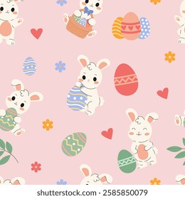 Seamless pattern featuring adorable Easter bunnies, decorated eggs, hearts, and flowers in a pastel color palette, perfect for festive wrapping paper, textiles, and holiday decorations.