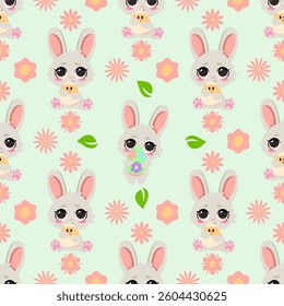 Seamless pattern featuring adorable Easter bunnies with flowers on a pastel background. Ideal for holiday-themed textiles, greeting cards, gift wrapping, wallpapers, invitations