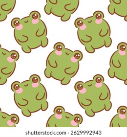 seamless pattern featuring adorable kawaii green frogs, each with cheerful expressions and playful poses, surrounded by whimsical lily pads, water droplets, perfect for fun designs and childrens decor