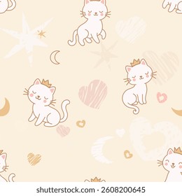 Seamless pattern featuring adorable kittens wearing cute little crowns