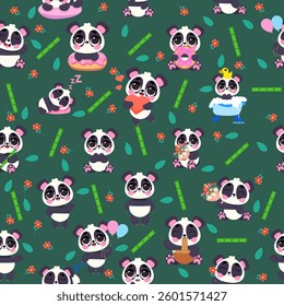 Seamless pattern featuring adorable pandas with bamboo, flowers, and cute expressions on a dark green background. Ideal for fabric, wallpapers, children’s designs, and gift wrapping