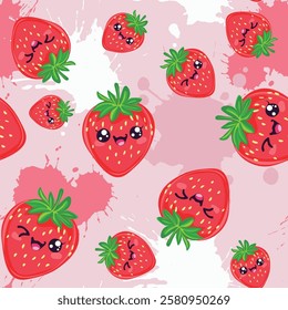 A seamless pattern featuring adorable strawberries with kawaii faces on a splatter background. Perfect for fabric, wrapping, wallpaper, stationery, and digital prints.