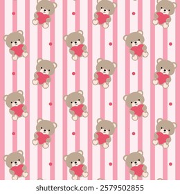 Seamless pattern featuring adorable teddy bears holding red hearts on a pink striped background with small decorative dots, perfect for Valentine’s Day