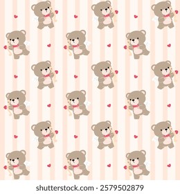 Seamless pattern featuring adorable teddy bears dressed as Cupid, holding bows and heart-tipped arrows on a soft beige striped background with floating hearts