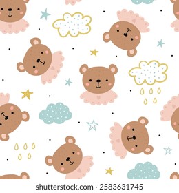 seamless pattern featuring adorable teddy bears, stars, clouds on a white background.