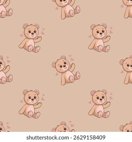 Seamless pattern featuring adorable teddy bears with rosy cheeks and little pink hearts on a soft beige background. This sweet and playful design is perfect for baby products, children’s textiles