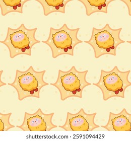 seamless pattern featuring adorable Tempura shrimp characters with a crispy golden exterior and cute blushing faces. 