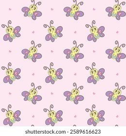 Seamless pattern featuring adorable yellow butterflies with purple wings on a soft pink background, perfect for baby products, fabric, and decorations-Vector illustration