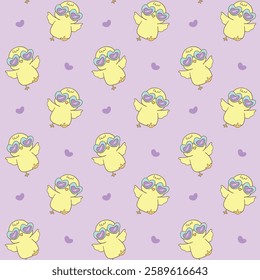 Seamless pattern featuring adorable yellow chicks wearing heart-shaped sunglasses on a pastel purple background, perfect for fun, playful designs and decorations-Vector illustration