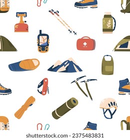 Seamless Pattern Featuring Alpinist Equipment. Ropes, Carabiners, Ice Axes And Crampons. Ideal For Adventure Enthusiasts