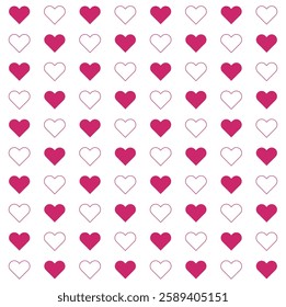 A seamless pattern featuring alternating filled and outlined hearts in a stylish and modern design. The dynamic contrast creates a playful and elegant look, perfect for Valentine's Day, romantic decor