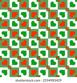 seamless pattern featuring alternating green and red hearts within a geometric design of squares and crosses, creating a festive and romantic visual effect