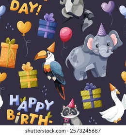 Seamless pattern featuring animals and birds, including an elephant, toucan, raccoon, and goose in a birthday hat, set against a dark background. Ideal for print or fabric design, vector illustration