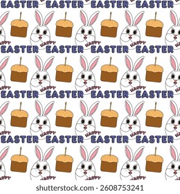 Seamless pattern featuring anthropomorphic characters - Easter bunnies eggs faces, festive Easter cakes, and - Happy Easter - text. Perfect for wrapping paper, wallpaper, and gift box decorating.
