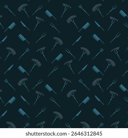 Seamless pattern featuring an array of BBQ tools and grilling essentials, perfect for culinary and festive designs.