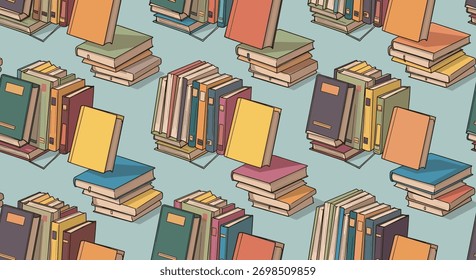Um padrão perfeito com uma variedade de livros coloridos, alguns perfeitamente empilhados e outros individualmente colocados, sobre um fundo azul claro.