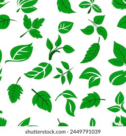 A seamless pattern featuring an array of green leaves in various shapes and sizes scattered across a white background, ideal for fabric or wallpaper
