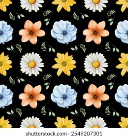 seamless pattern featuring an assortment of watercolor flowers including roses, daisies, and tulips in a vibrant color palette. perfect for fabric, gift wraps, and phone cases. Flower pattern, vintage