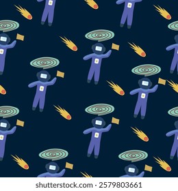 A seamless pattern featuring astronauts holding flags, meteors, and cosmic spirals on a dark background