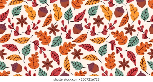 Seamless pattern featuring autumn leaves, including oak, birch, rowan, berries, and acorns. Hand-drawn in a cozy, rustic style. Ideal for "Hello Autumn" designs, capturing the harvest season's warmth.