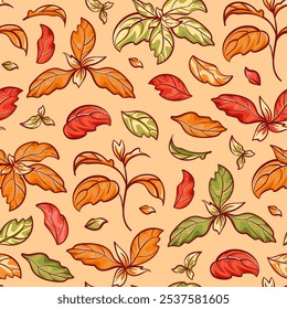 A seamless pattern featuring autumn leaves in vibrant hues of red, orange, and yellow. This design captures the essence of fall, perfect for use in textiles, wallpaper, and seasonal decor.