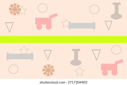 Seamless pattern featuring baby-themed icons and simple shapes on a soft background. Ideal for nursery decor, baby products, and playful designs.