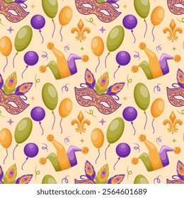 A seamless pattern featuring balloons, jester hats, fleur-de-lis motifs, and carnival masks. This vibrant vector illustration is ideal for festive designs and adds a joyful touch to any celebration.