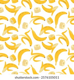 A seamless pattern featuring bananas, banana peel ans pieces on white background. Hand drawn