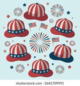 Seamless pattern featuring a baseball cap with the American flag design, adorned with white stars on a blue background.