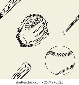 Seamless pattern featuring baseball essentials: a glove, ball, and bat. Vintage and retro style.