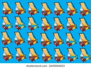 Seamless pattern featuring beach chair, pigeon, beach ball, starfish, and flip flops on a vibrant blue background, ideal for summer themed designs