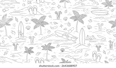 A seamless pattern featuring beach elements: surfboards, palm trees, cocktails, seashells, flip-flops, and sand dunes, all in a line art style.
