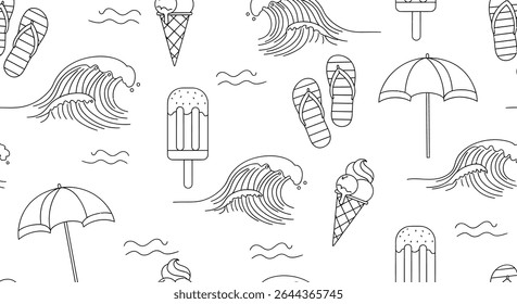 Seamless pattern featuring beach elements: waves, ice cream, popsicle, umbrella, and flip flops, all in a simple outline style.