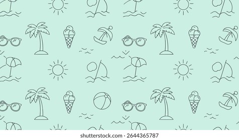 Seamless pattern featuring beach elements: palm trees, sunglasses, ice cream, sun, beach ball, anchor, umbrella, and waves, all in a simple outline style.