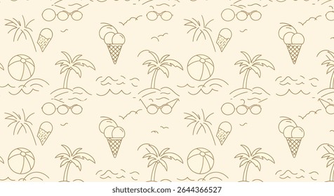 Seamless pattern featuring beach elements: palm trees, ice cream cones, beach balls, sunglasses, and ocean waves, all in a simple line drawing style.