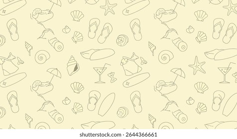 A seamless pattern featuring beach elements: seashells, flip-flops, surfboards, starfish, and tropical drinks, all in a simple, outlined style.