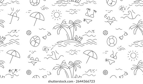 Seamless pattern featuring beach elements: palm trees, sun, waves, umbrella, swimwear, and beach balls, all in a simple outline style.