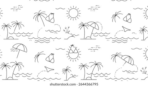 A seamless pattern featuring beach elements: palm trees, sun, waves, beach umbrella, and swimsuit, all rendered in a simple, clean line art style.