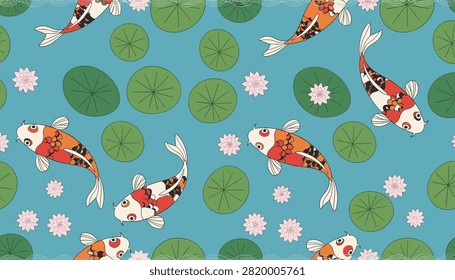 Seamless pattern featuring beautiful koi fish swimming among green water lily pads and pink lotus flowers in a pond.