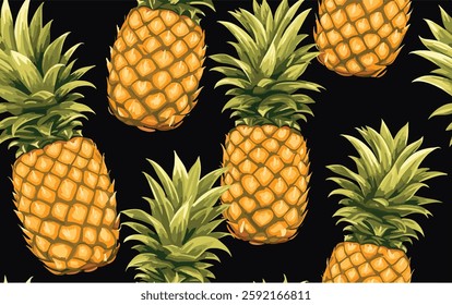 A seamless pattern featuring beautifully detailed pineapples with golden-yellow textured skin and lush green spiky leaves.