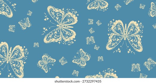 Un patrón sin fisuras con mariposas bellamente detalladas con alas delicadas, renderizadas en un estilo ligero y etéreo contra un fondo azul sereno.