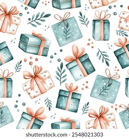  seamless pattern featuring beautifully wrapped gift boxes with bows, festive foliage, and decorative dots. Perfect for holiday-themed designs, gift wrap, and seasonal decorations.