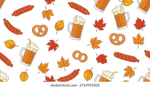 Padrão sem costura com canecas de cerveja com espuma, salsichas grelhadas, pretzels salgados e folhas coloridas de bordo de outono em um fundo branco.