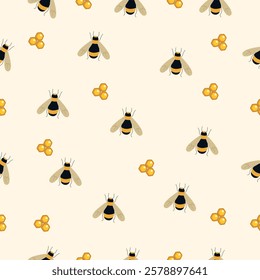 Seamless pattern featuring bees flying around golden honeycombs on a cream background