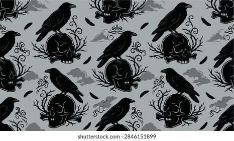 Seamless pattern featuring black crows perched on human skulls surrounded by dark thorn branches and feathers.